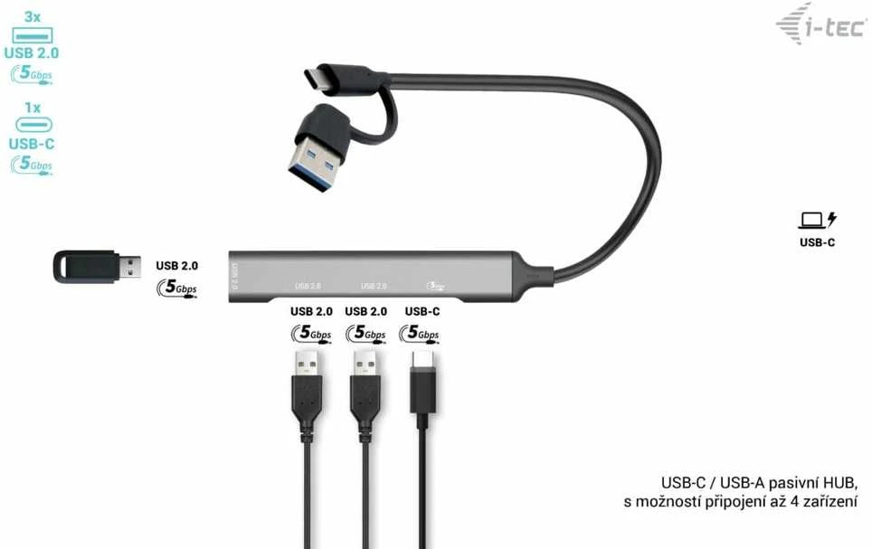 I-TEC USB-A/USB-C 4 prievadų HUB/1X USB-C 3.1+3X USB 2.0