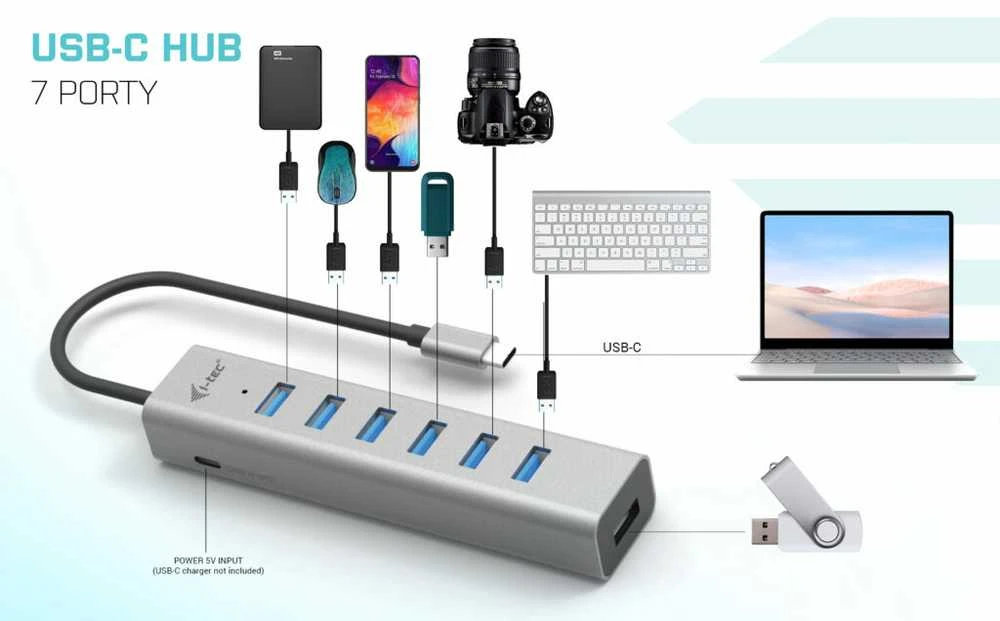 I-TEC USB-C įkrovimo metalinis HUB 7 prievadas be maitinimo adapterio