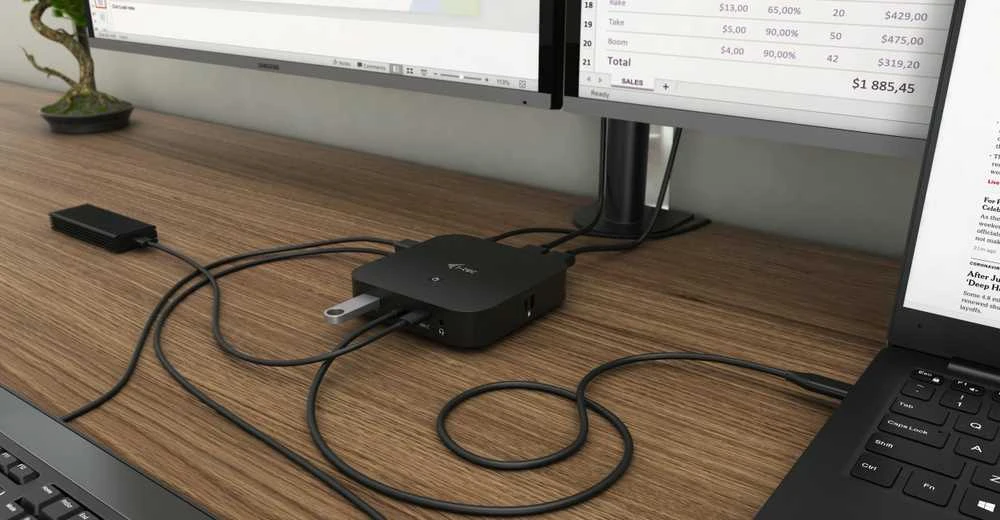 I-TEC USB-C Dual Ekranas MST DS 1x DP 1x HDMI 1x GLAN 3x USB 3.0 2xUSB 2.0 1xUSB-C-Datei 1xGarso / mikrofono lizdas 1x65W USB-C PD + įkroviklis 77W
