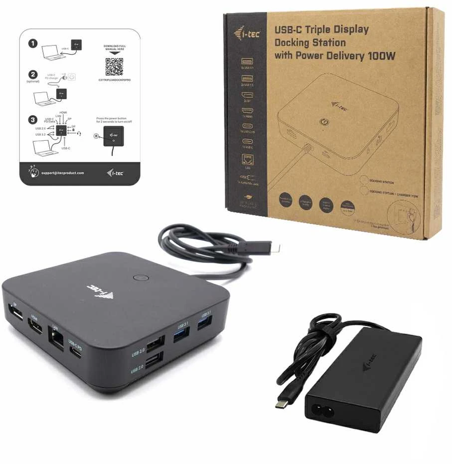 I-TEC USB-C HDMI dviejų DP prijungimo stotelė su maitinimo tiekimu 100 W + I-tec universalus įkroviklis 112 W
