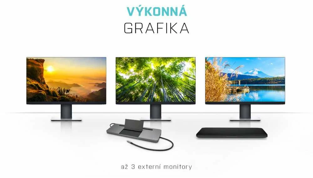 I-TEC dokavimo stotelė su trimis prijungtais monitoriais