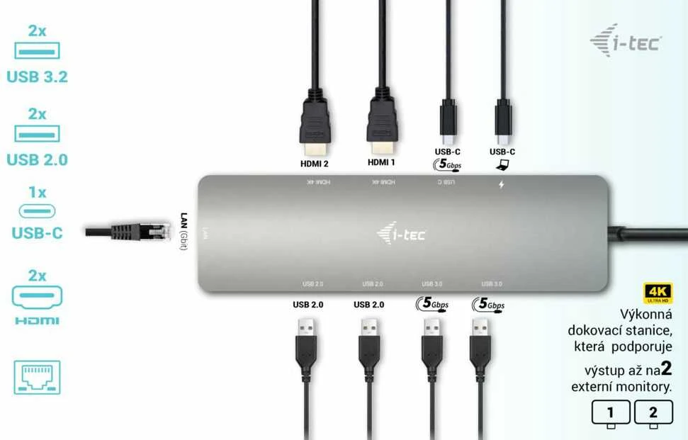 I-TEC USB-C metalinis nano dokas 2 x HDMI 1 x GLAN 2 x USB 3.2 2 x USB 2.0 1 x USB-C 3.2 Gen.1 duomenys 1 x USB-C 100 W PD + 100 W įkroviklis