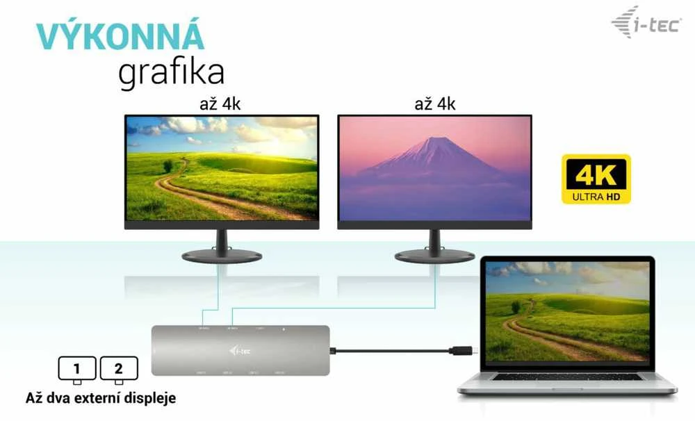 I-TEC USB-C metalinis nano dokas 2 x HDMI 1 x GLAN 2 x USB 3.2 2 x USB 2.0 1 x USB-C 3.2 Gen.1 duomenys 1 x USB-C 100 W PD + 100 W įkroviklis