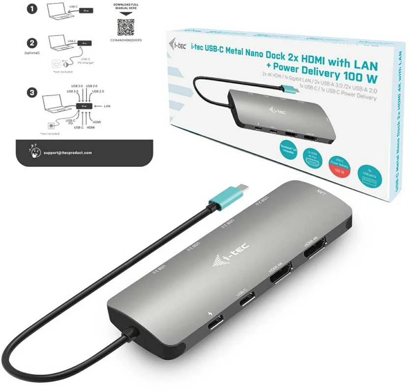 I-tec USB-C Metal Nano 2x HDMI LAN maitinimo tiekimas 100W