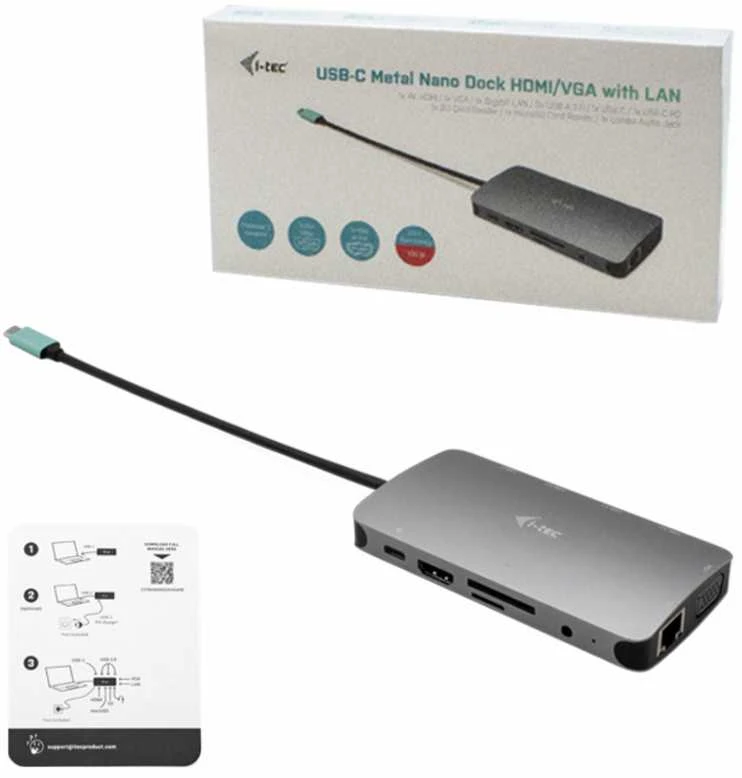 I-TEC USB-C metalinis dokas 1xHDMI 1xVGA 1xSD+1xmicroSD kortelių skaitytuvas 1xGLAN 1xgarsas / mikrofonas 3xUSB 3.1 1xUSB-C duomenys 1xUSB-C PD + įkroviklis 100W