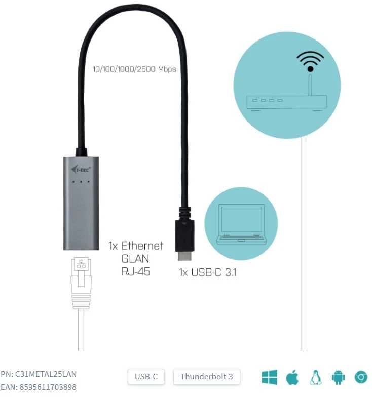 I-TEC USB-C metalinis 2,5 Gbps Ethernet adapteris 1x USB-C į RJ-45 LED suderinamas su Thunderbolt 3