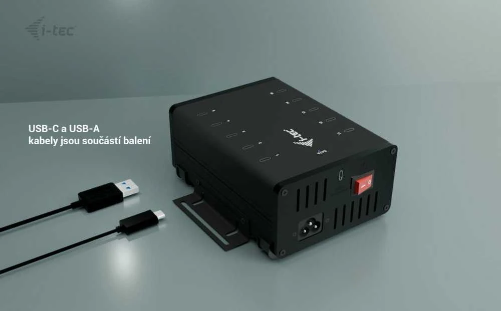 I-TEC USB-C/USB-A metalinis įkrovimas + duomenų stebulė 15 W vienam prievadui 10x USB-C integruotas maitinimo adapteris 180 W
