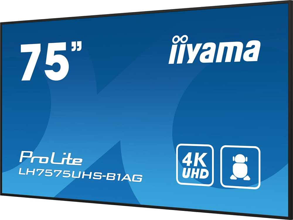 Monitorius Iiyama 75" 3840x2160, UHD IPS skydelis, miglotas 25%, 500 cd/m², signalo perjungimas, garsiakalbiai 2x10 W, keli įėjimai (DVI-I (VGA), HDMIx3), DP išvestis (MST / veidrodis / plytelės), USB 2 prievadas, USB 2, WiFi 2 „iiSignage2“, „E-Share“, „Android 11OS“.