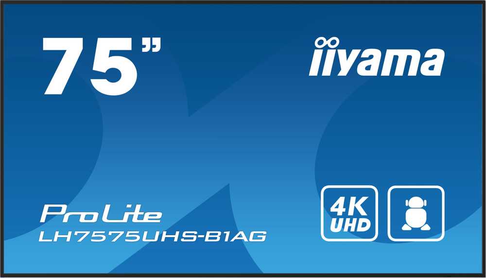 Monitorius Iiyama 75" 3840x2160, UHD IPS skydelis, miglotas 25%, 500 cd/m², signalo perjungimas, garsiakalbiai 2x10 W, keli įėjimai (DVI-I (VGA), HDMIx3), DP išvestis (MST / veidrodis / plytelės), USB 2 prievadas, USB 2, WiFi 2 „iiSignage2“, „E-Share“, „Android 11OS“.