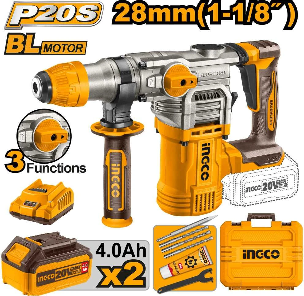 Ingco 20V akumuliatorinis perforatorius su 4.0Ah baterijų komplektu