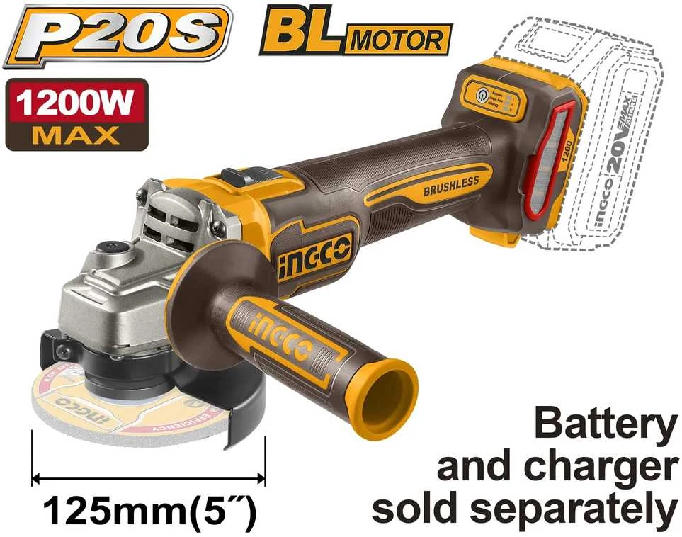 INGCO aku kampinis šlifuoklis 125mm su BL motoru