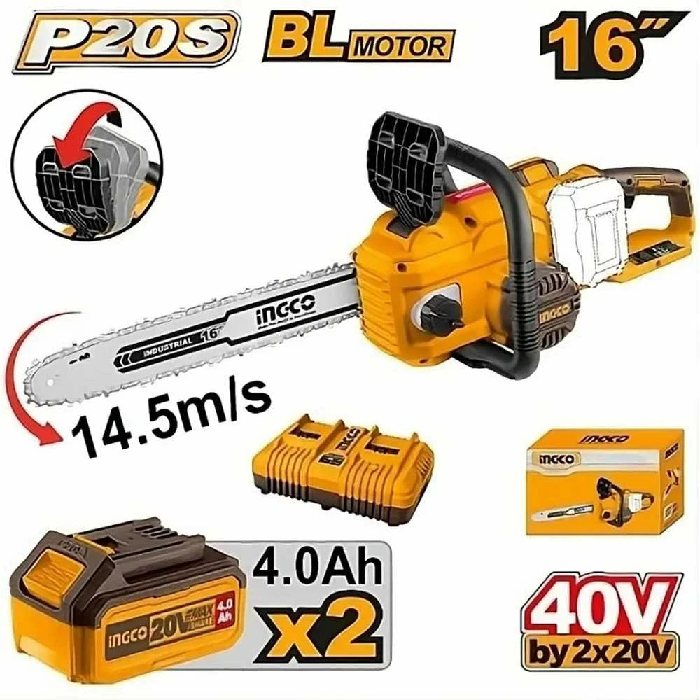 Ingco CGSLI401682 akumuliatorinis grandininis pjūklas su 2 baterijomis ir įkrovikliu