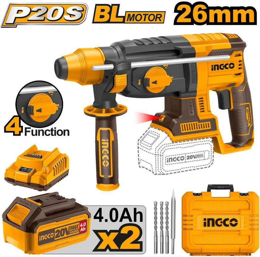 Ingco perforatorius su akumuliatoriais ir 4 funkcijų rinkiniu