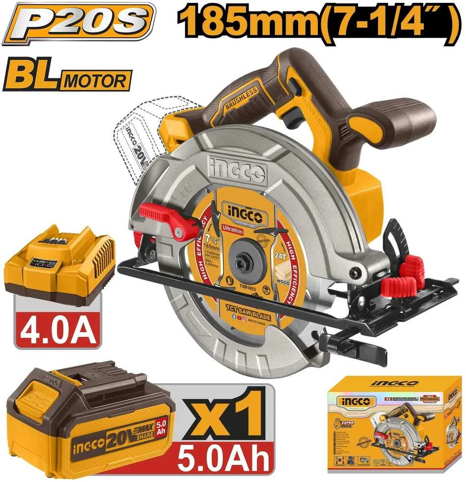 Ingco 185mm diskinis pjūklas su baterijų komplektu