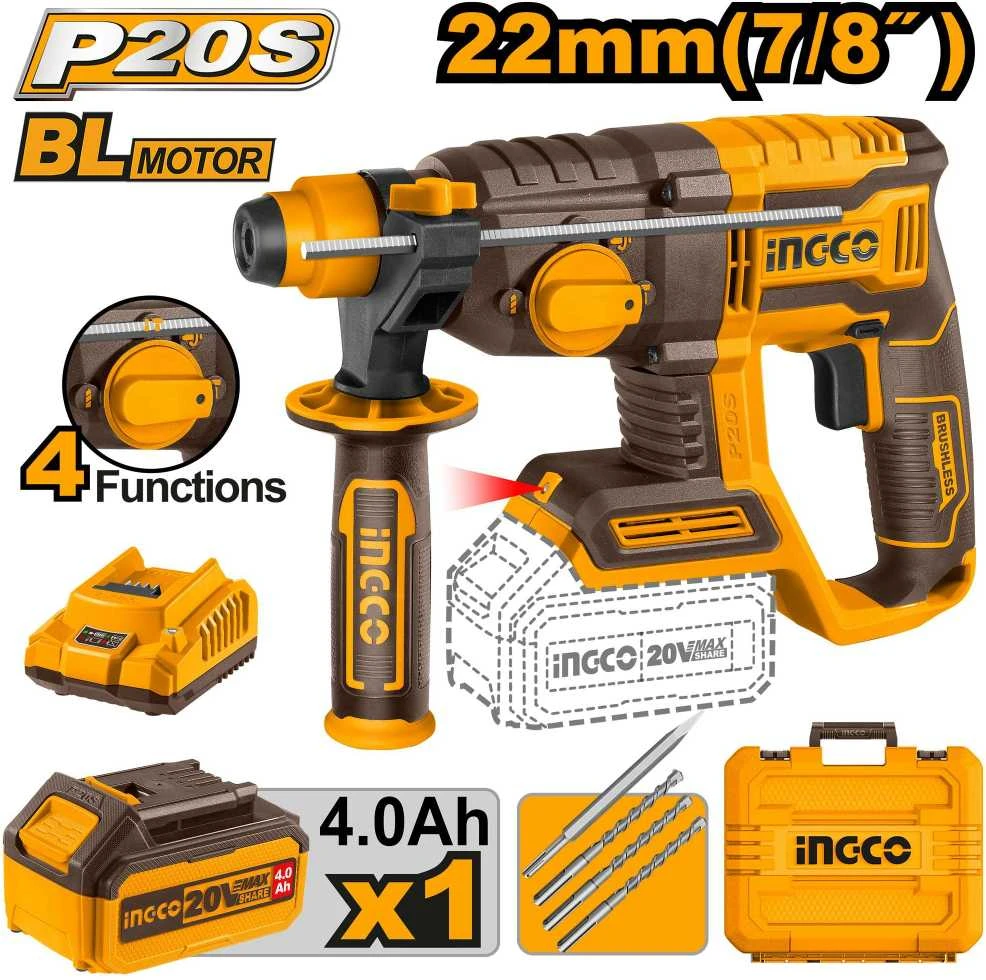 Ingco 20V akumuliatorinis perforatorius su priedų rinkiniu