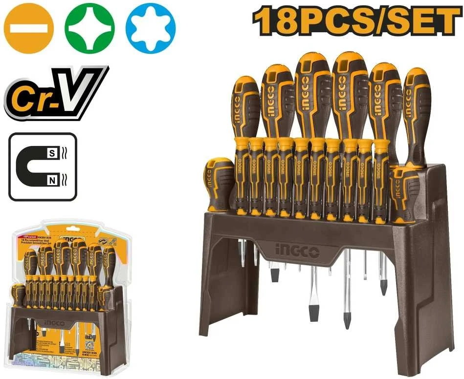 Ingco HKSD1828 plokščių, kryžminių ir atsuktuvų rinkinys, 18 vnt., CrV