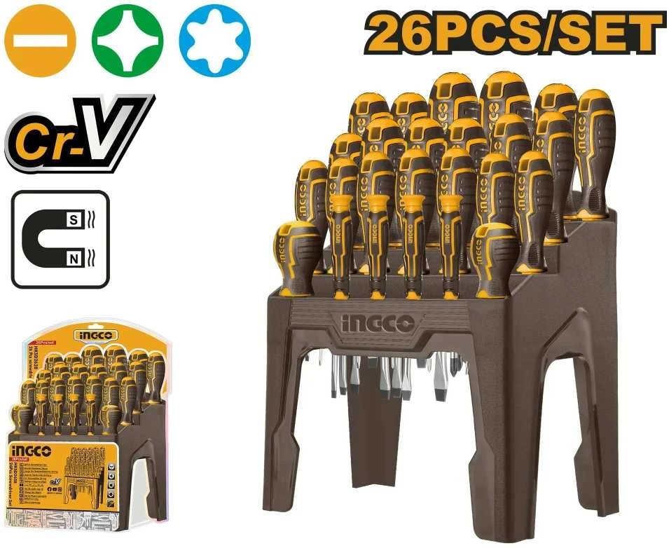 Ingco HKSD2628 plokščių, kryžminių ir atsuktuvų rinkinys, 26 vnt., CrV