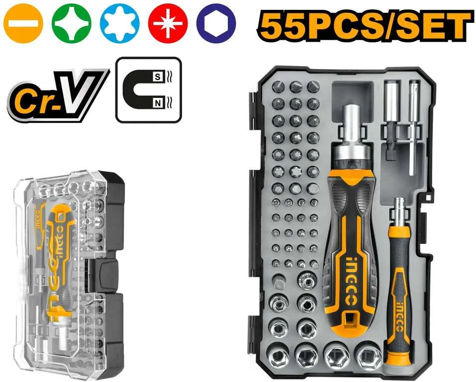 Ingco HKSDB0558 atsuktuvų terkšlės ir antgalių rinkinys, 55 vnt., CrV