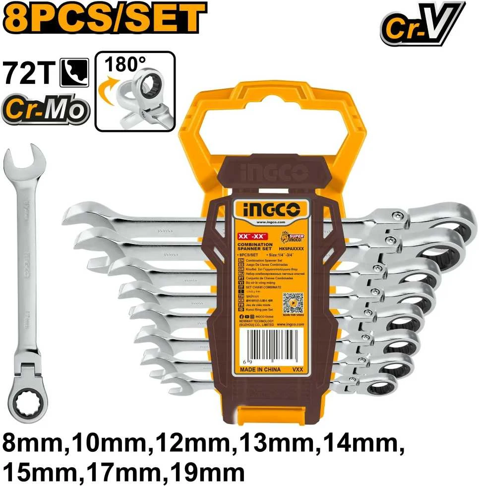 Ingco HKSPAR1083 Reketinis raktas CrMo 8-19 mm 8 vnt., CrV