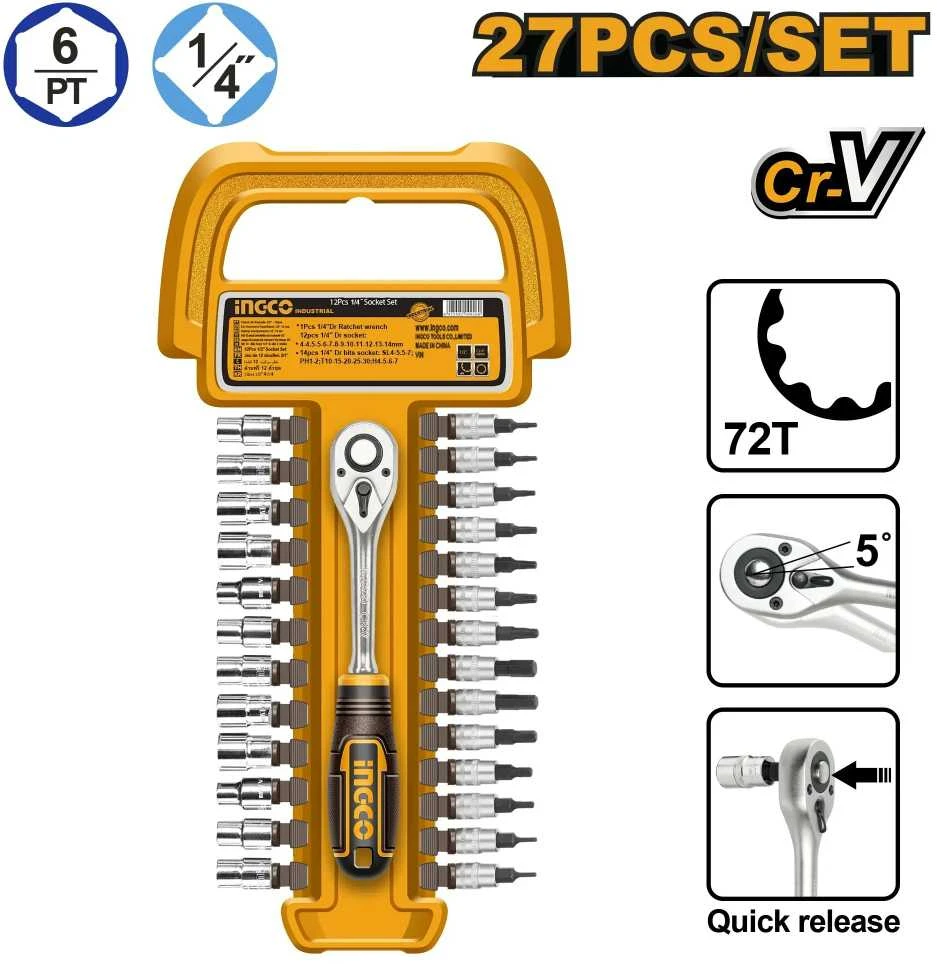 Ingco HKTS14271 kotų rinkinys, 27 vnt., 1/4"