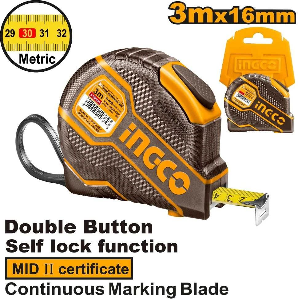 Ingco HSMT08031E savaime užsifiksuojanti ruletė, 3 m x 16 mm