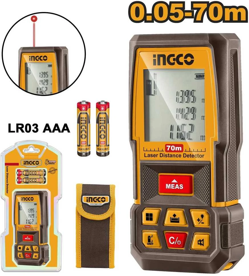 Ingco laser distance meter, 2x1.5 AAA/0.05-70m