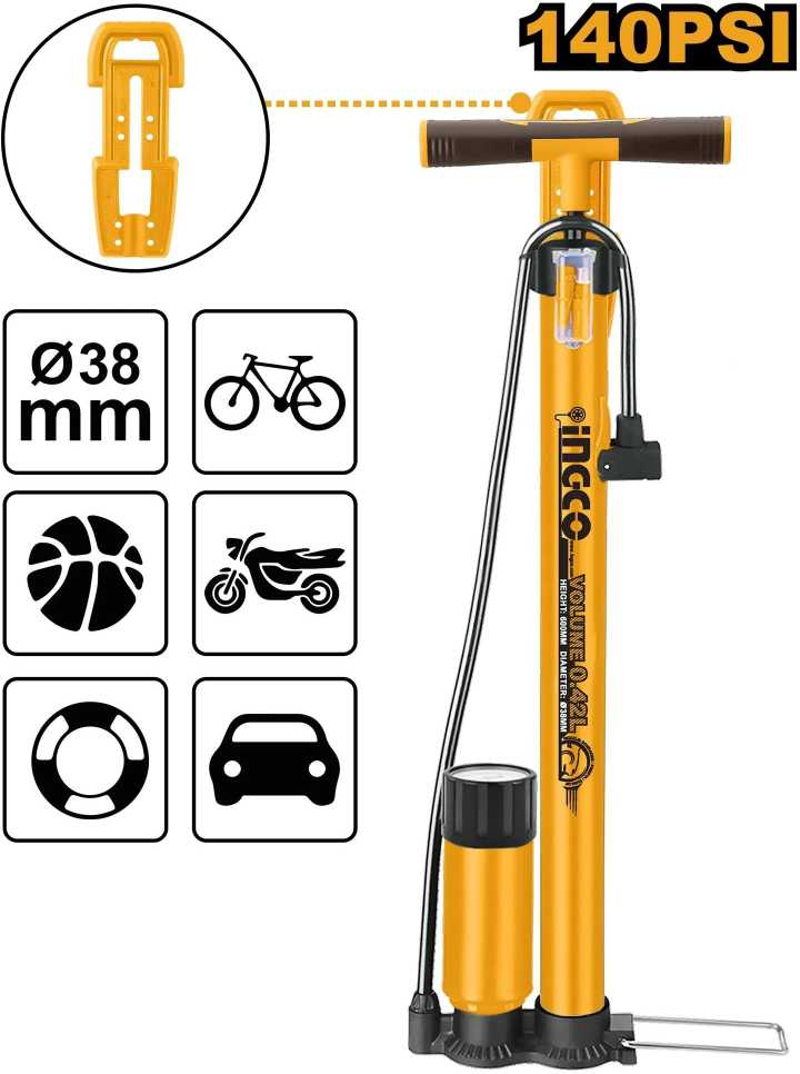 Ingco MPP3811 Bicycle pump with pressure gauge 38x500mm