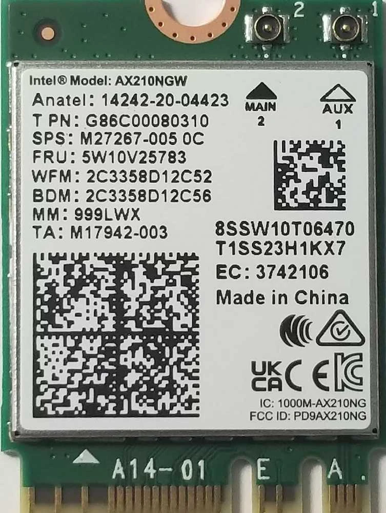 INTEL NIC WI-FI 6 AX210 2230 2x2 AX R2 6GHz + BT No vPro