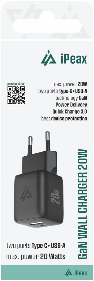 iPEAX GaN 20 W sieninis įkroviklis (USB-C + USB-A), juodas