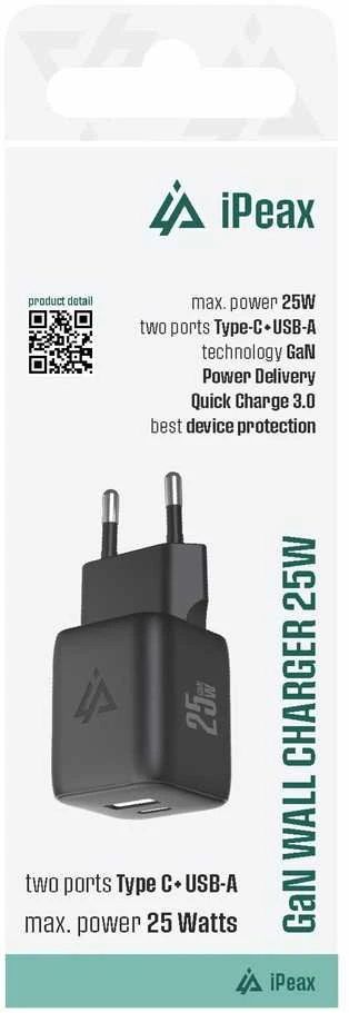 iPEAX GaN sieninis įkroviklis 25 W (USB-C + USB-A), Juodas