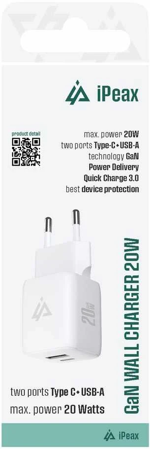iPEAX GaN 20 W sieninis įkroviklis (USB-C + USB-A), baltas
