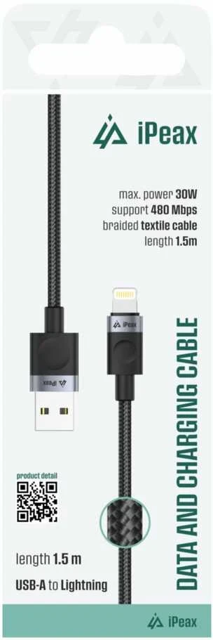 iPEAX USB-A į „Lightning“ audinio kabelis, 1,5 m, USB 2.0, juodas