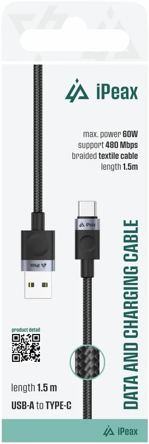 iPEAX USB-A į USB-C audinio kabelis, 1,5 m, USB 2.0, juodas