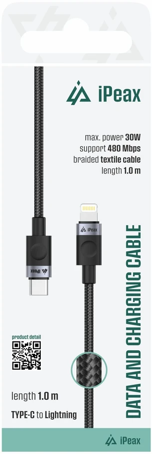 iPEAX USB-C į Lightning pynė laidas, 1 m, USB 2.0, juoda