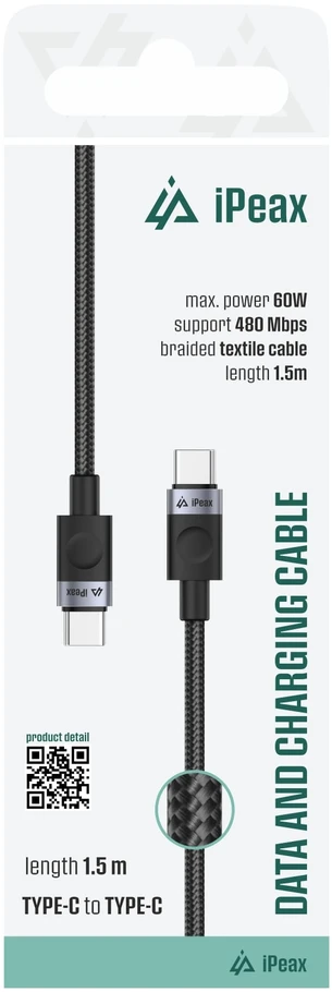 iPEAX USB-C į USB-C audinio kabelis, 1,5 m, USB 2.0, juodas