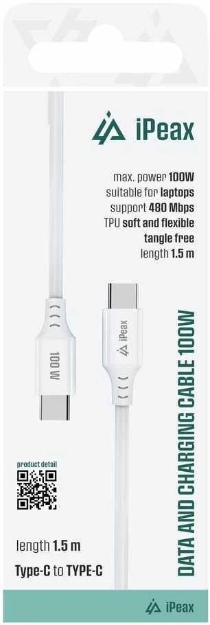 iPEAX TPU USB-C į USB-C kabelis, 1.5 m, 5 A, 100 W, Baltas