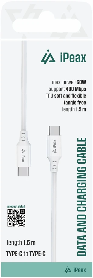 iPEAX TPU USB-C į USB-C laidas, 1,5 m, USB 2.0, baltas