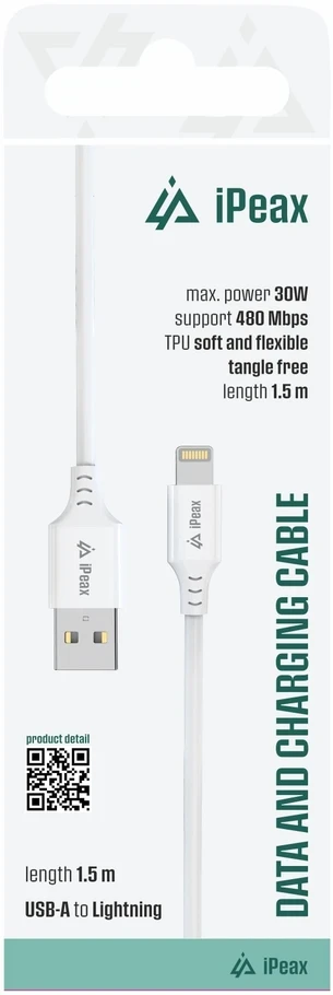 iPEAX TPU USB-A į „Lightning“ laidas, 1,5 m, USB 2.0, baltas