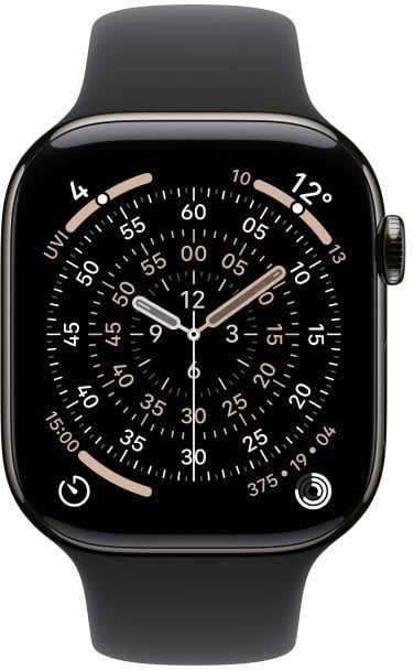 Išmanusis laikrodis Apple Watch series 11 gps + cellular, koperta 42 mm su tytanu w kolorze łupku, dirželis sportowy (juodos spalvos) - dydis m/l