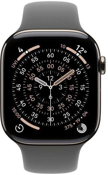 Išmanusis laikrodis Apple Watch series 11 gps + cellular, koperta 46 mm su tytanu w kolorze naturalnym, dirželis sportowy w kolorze górskiej szarości - dydis m/l