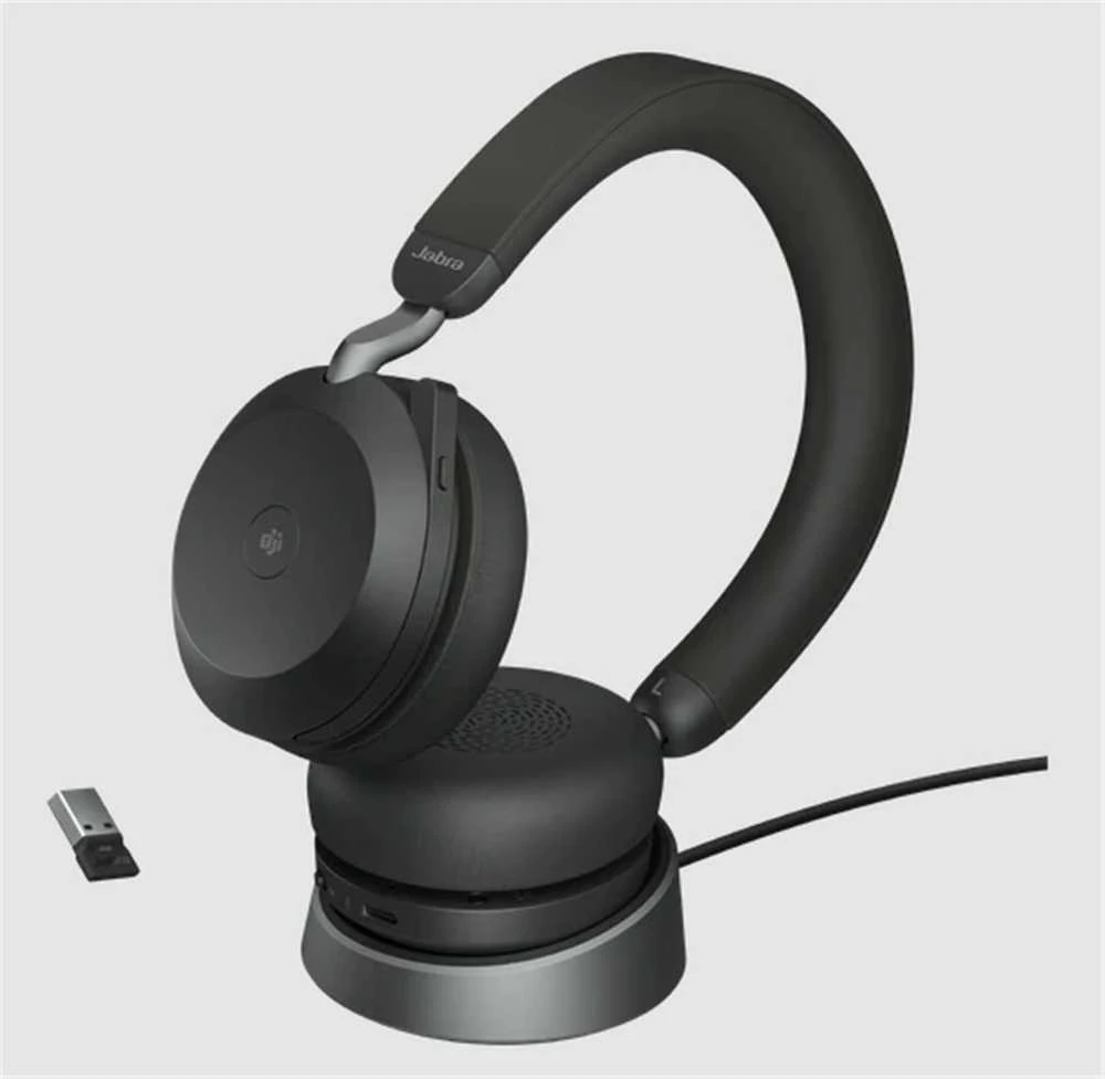 JABRA Evolve2 75 Ausinės on-ear Bluetooth belaidės aktyvus triukšmo slopinimas USB-C noise isolating juodas su charging stand MS Te