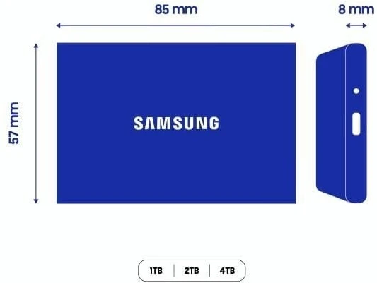 Kietasis diskas Nešiojamasis SSD diskas „Samsung T7 Resurrected 4TB“, kurio skaitymo sparta – 1050 MB/s, įrašymo sparta – 1000 MB/s.