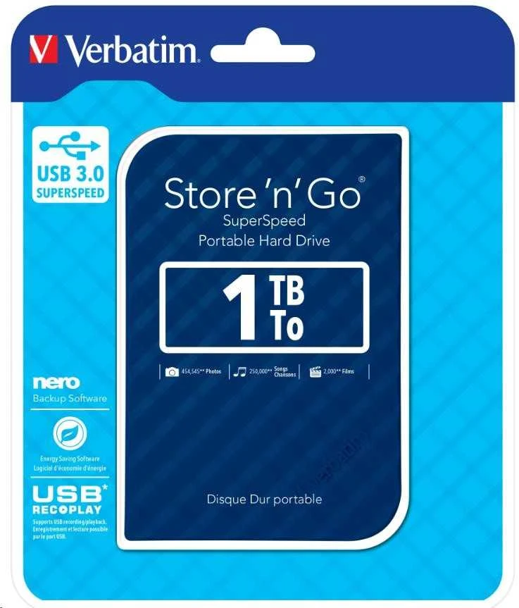 „Verbatim“ išorinis kietasis diskas, „Store n Go“, 2,5 colio, USB 3.0 (3.2 Gen 1), 1 TB, 53200, mėlynas