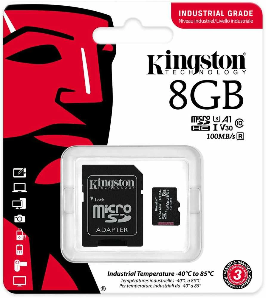 Atminties kortelė Kingston | UHS-I | 8 GB | Micro SDHC/SDXC Industrial Card | Flash atminties klasė Class 10, UHS-I, U3, V30, A1 | SD Adapteris