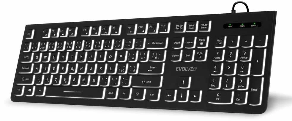 EVOLVEO klaviatūra K1010, tyli, laidinė USB, foninis apšvietimas, CZ+SK, juoda