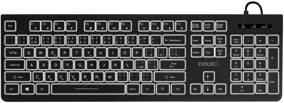 EVOLVEO klaviatūra K1010, tyli, laidinė USB, foninis apšvietimas, CZ+SK, juoda