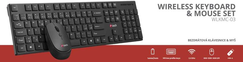 Klaviatūra ir pelė C-Tech WLKMC-03 Bezprzewodowy 2.4GHz CZ Juodas