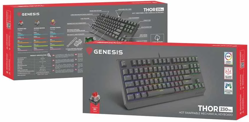 Klaviatūra žaidimams Genesis Thor 230 Outemu Raudona su laidu mechaninė su pašvietimu juoda