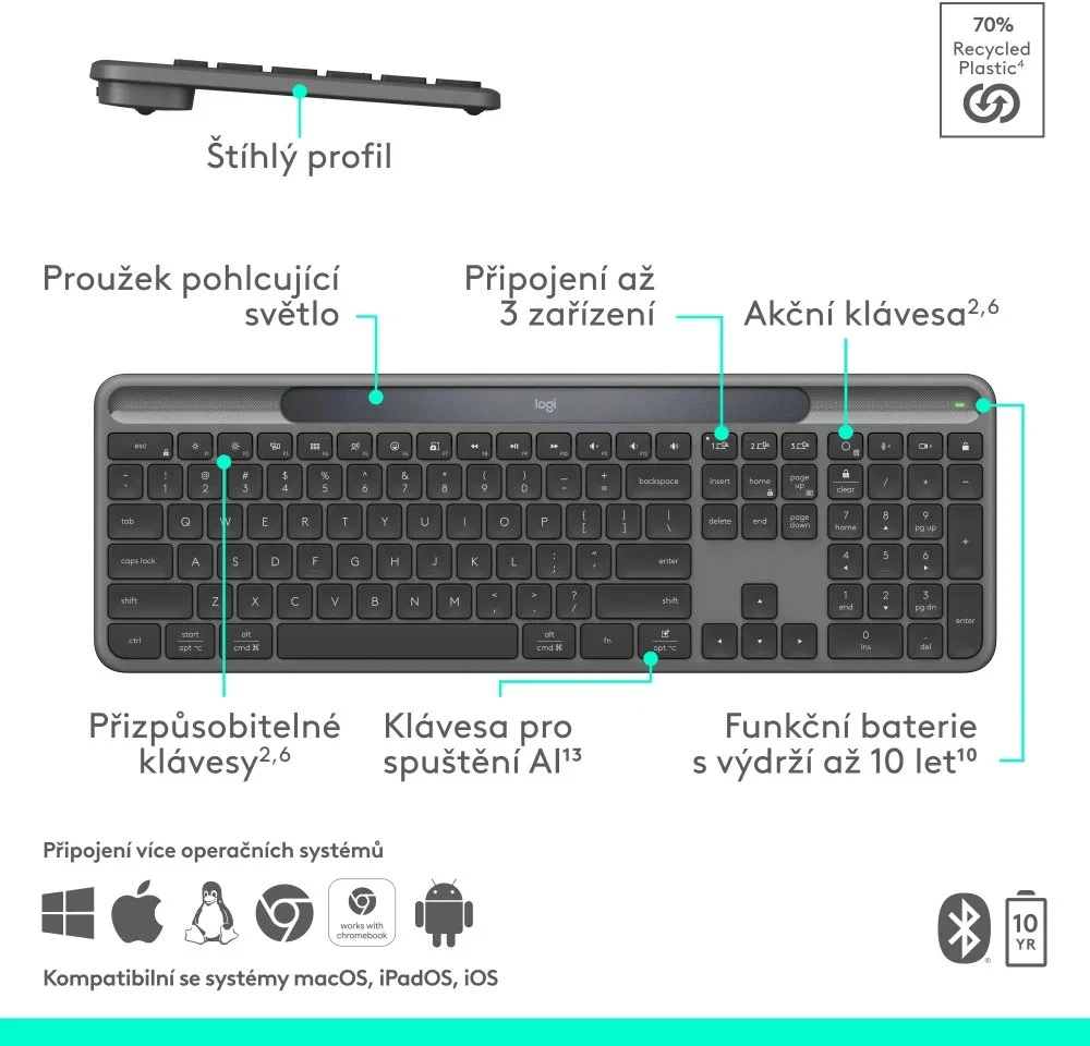 Klaviatūra „Logitech Signature Slim Solar“, grafito spalvos – CZ/SK