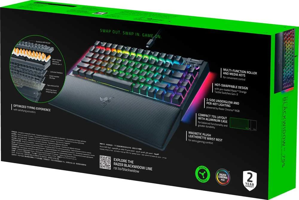 Razer | BlackWidow V4 75% | Mechaninė klaviatūra žaidimams | su laidu | US | Juodas